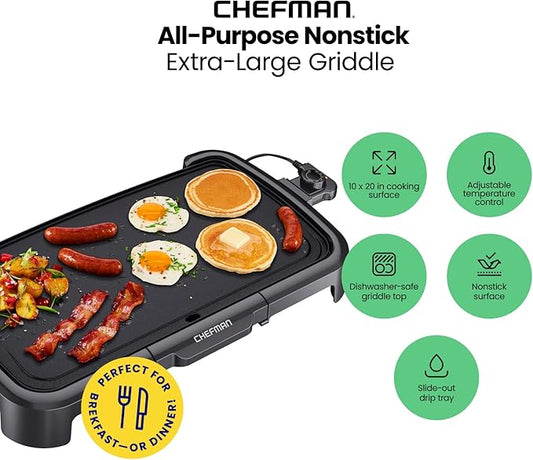 Chefman XL Electric Griddle with Removable Temperature Control, Immersible Flat Top Grill, Burger, Eggs, Pancake Griddle, Nonstick Extra Large Cooking Surface, Slide Out Drip Tray, 10 x 20 Inch